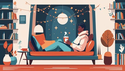 Cozy Night In: Man Relaxing with a Warm Drink