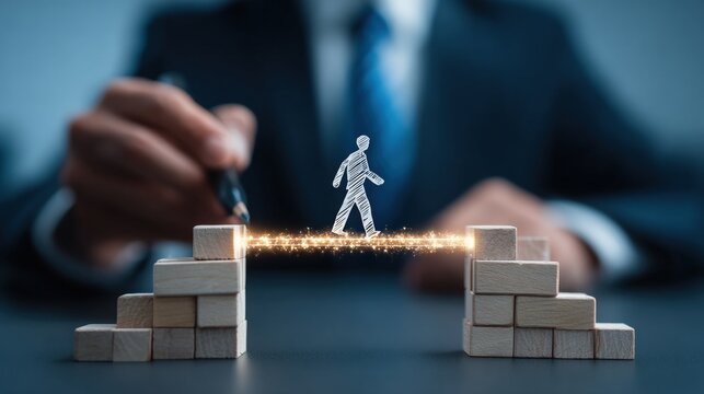 A businessman uses creativity to bridge gaps, symbolized by a figure walking over blocks, representing innovation and overcoming challenges.