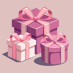 Cute pink gift boxes with ribbons, soft pastel colors, flat illustration style, shadows and highlights, clean and minimal design