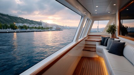 Fototapeta premium Yacht interior view sailing in Bosphorus strait at sunset