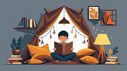Cozy Boy Reading Inside Tent Fort