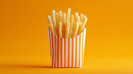 Playful french fries poster with golden fries in striped fast food container 