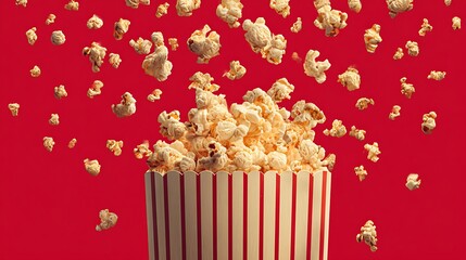Playful popcorn poster with bursting kernels, striped theater box design elements 