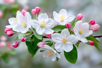 Obraz premium Apple tree branch blooming with white flowers and pink buds