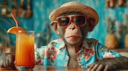 A playful monkey relaxes at a colorful bar while sipping a refreshing drink under a straw hat.
