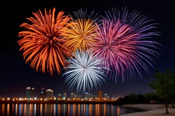 Fototapeta premium Colorful fireworks exploding over illuminated city skyline at night