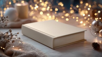 Decorative setup with a blank book, warm lights, and soft textures on a table during the evening