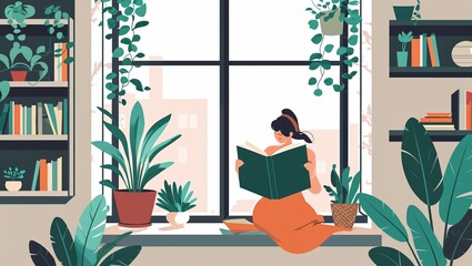 Woman Reading Book by Window in Cozy Room Filled with Plants