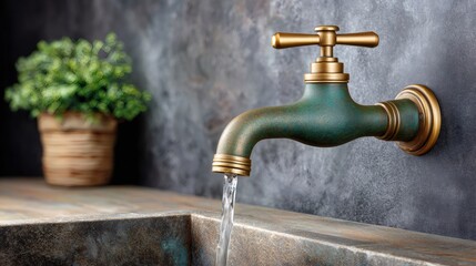 Vintage brass faucet pouring fresh clean water