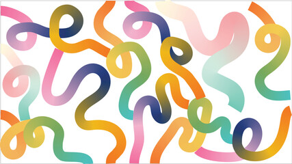 Vibrant abstract background of intertwining curved lines in pastel shades, creating a playful and dynamic design. The colors include pink, teal, yellow, and purple
