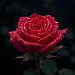 &ldquo;Close-Up Macro Shot of a Red Rose Covered in Dew Drops Against Dark Background &ndash; High-Detail Floral Photography, Romantic Nature Bloom&rdquo;