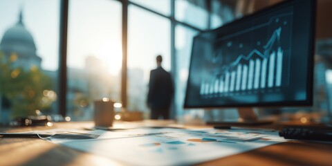 A man stands in front of a computer monitor with a graph on the screen. The man is wearing a suit and tie. Concept of professionalism and focus