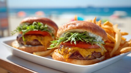 Two juicy burgers on a plate sit alongside crispy fries against a bright blue ocean backdrop.