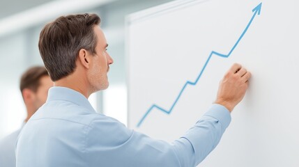Businessman Drawing an Upward Growth Line on Whiteboard. Concept of business success, planning, progress, and financial growth.
