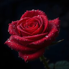&ldquo;Close-Up Macro Shot of a Red Rose Covered in Dew Drops Against Dark Background &ndash; High-Detail Floral Photography, Romantic Nature Bloom&rdquo;