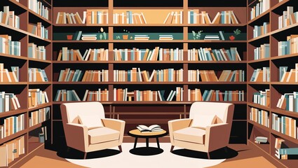 Cozy Reading Nook in a Grand Library: A Serene Illustration