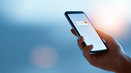 Close-up of hand holding smartphone with incoming message notification on screen against blurred blue background