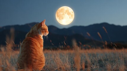A golden cat sits peacefully in a field admiring the bright full moon and distant mountains.