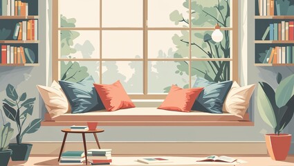 Serene Window Seat Reading Nook: Cozy Home Interior Illustration