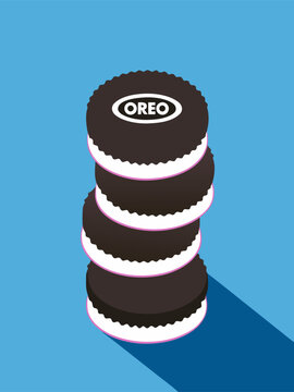 Stack of four Oreo sandwich cookies with pink cream filling on blue background in flat vector illustration style