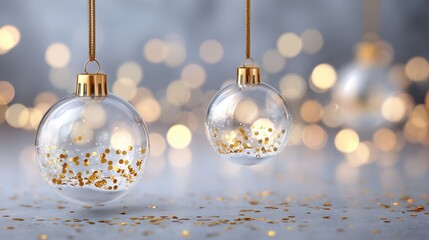 Transparent Christmas Baubles with Gold Confetti and Bokeh Lights for Holiday Decor