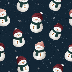 Whimsical Snowmen in a Snowy Winter Seamless Pattern on Dark Blue Background made with generative AI