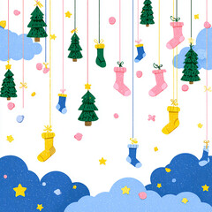 Festive Hanging Christmas Decorations with Trees, Stockings, Stars and Blue Clouds on White Mockup Background made with generative AI