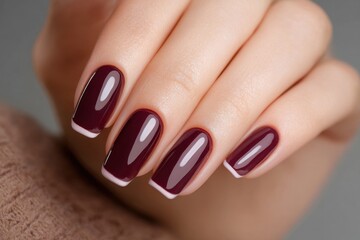 Professional female hand model displaying perfect nail manicure featuring deep burgundy polish and French manicure design showcasing beauty salon treatment luxury cosmetics and elegant nail care. MZ