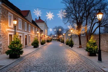Fototapeta premium Charming cobblestone street adorned with Christmas decorations at dusk