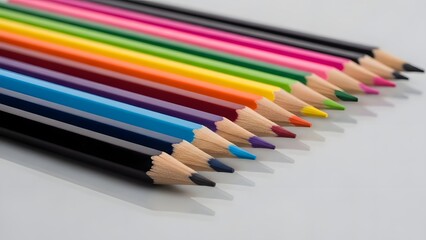 Obraz premium A vibrant row of sharpened colored pencils arranged in a spectrum on a light surface.