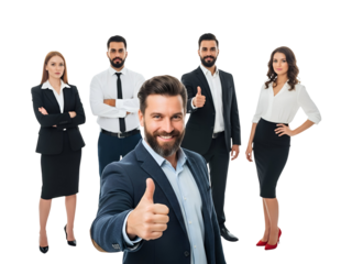 Confident bearded businessman in a blue suit giving a thumbs up, leading a diverse, happy professional team in corporate attire, symbolizing success and approval, isolated on transparent background.
