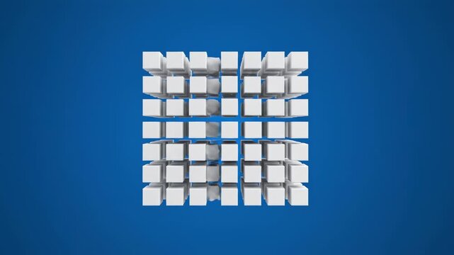 Seamless loop of expanding white cubic lattice structures pulsating in rhythmic synchronicity against a clean, deep blue background clean design, movement, loopable