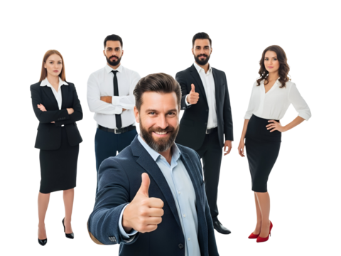 Confident bearded businessman in a blue suit giving a thumbs up, leading a diverse, happy professional team in corporate attire, symbolizing success and approval, isolated on transparent background. - Powered by Adobe
