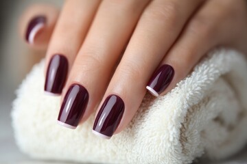 Professional female hand model displaying perfect nail manicure featuring deep burgundy polish and French manicure design showcasing beauty salon treatment luxury cosmetics and elegant nail care. MZ
