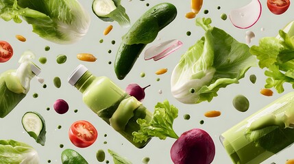 Playful salad poster with floating veggies and dressing bottle decorations 