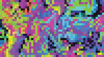 A vibrant mosaic of pixelated squares in vivid purple, lime green, bright yellow, and electric