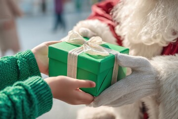 Santa Claus presents a festive green gift box to a child with a joyful holiday spirit. MZ 