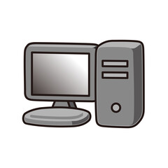 Cartoon illustration of a grey desktop computer setup featuring a monitor and a tower unit on a white background.