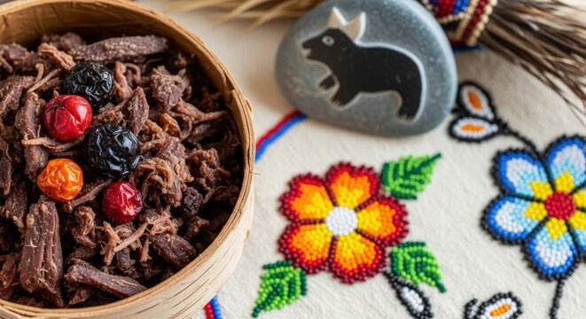 Ultra-Realistic Canadian Pemmican &ndash; Dried Bison, Berries & Fat in Birch Bark Bowl on M&eacute;tis Beadwork