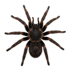 Dramatic close-up of a tarantula showcasing its symmetrical form against darkness