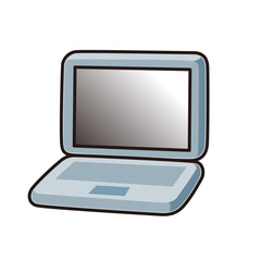Stylized illustration of an open laptop computer with a grey screen and light blue casing, depicted on a white background.