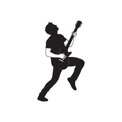 Silhouette of a man energetically playing an electric guitar, captured mid-motion with his body arched and head tilted back in a dynamic pose, symbolizing passion and performance in music