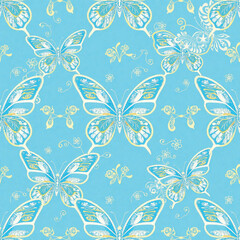 Soft Blue Botanical Butterfly Repeat Pattern