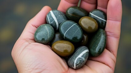 Close-up of a Hand Cupping Several Smooth, Polished River Stones with White Stripes, Wet and Gleaming from the Water