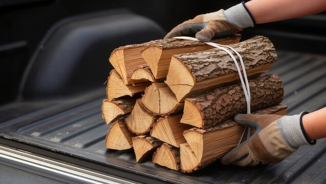 Bundle of split firewood in a pickup truck bed, secured with straps, illustrating delivery of firewood for heating, seasonal fuel transport, and practical energy supply