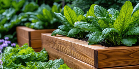 Raised wooden garden beds thriving with lush green vegetables, cultivating fresh produce and promoting sustainable living through home gardening practices outdoors