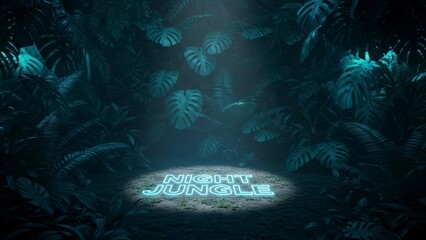 Lush Jungle Foliage with Glowing Neon Sign Midnight Jungle in a Dark, Mystical Setting.
