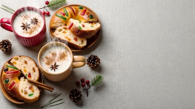 Traditional Rosca de Reyes for Three Kings' Day celebration. Holiday King Cake and warm spiced milk on a festive table. Top view with copy space for text