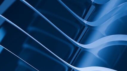 Abstract wavy curved 3d render. Blue soft layers of glass plastic with lines, folds, ruffles. Modern wallpaper, texture pattern.
