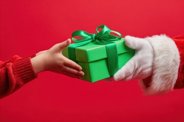 Santa Claus presents a festive green gift box to a child with a joyful holiday spirit. MZ 